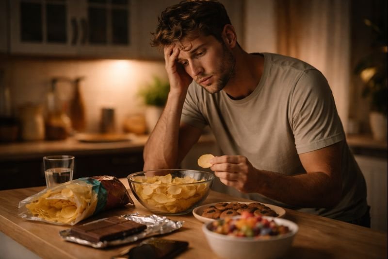 מאבק בשעת לילה מאוחרת: תחושת רעב אחרי חסך בשינה מול קערת חטיפים