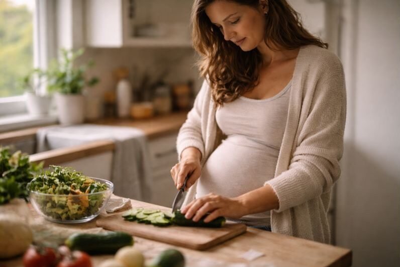 אישה בהריון שומרת על תזונה בריאה