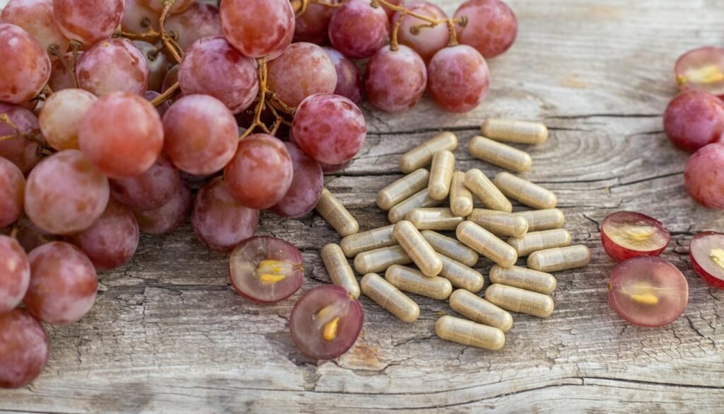 Grape seed extract supplement with fresh red grapes, highlighting natural antioxidant benefits.
