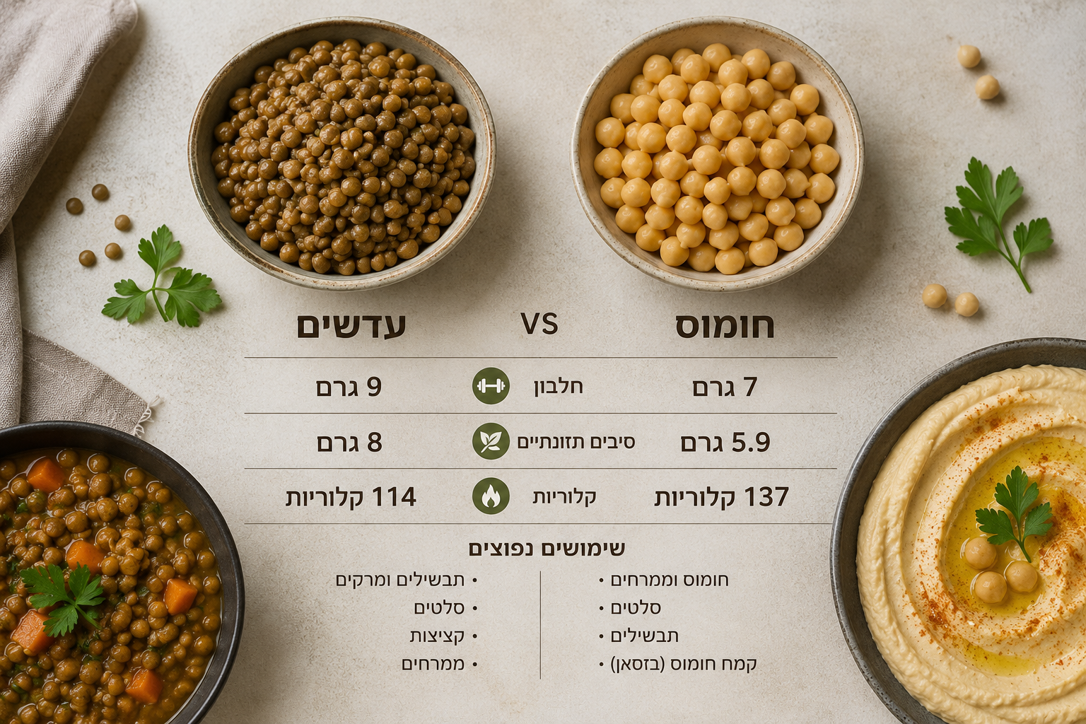 עדשים וגרגרי חומוס עשירים בחלבון ובסיבים תזונתיים