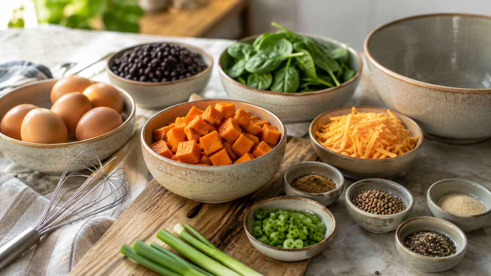 Egg casserole with sweet potato, black beans, spinach, and cheddar cheese